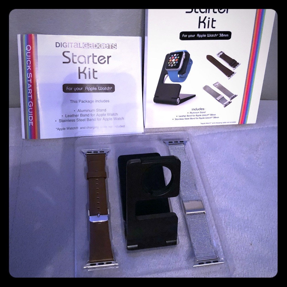 38mm Apple Watch stand, leather & steel band, NEW!